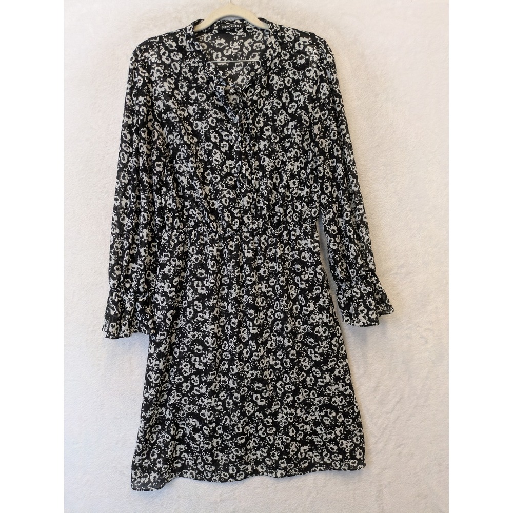 J. Crew Mercantile Shirt Dress Women's S Black‎ White Floral Ruffle Cuff Sheer